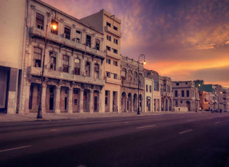 Old building in Havana at sunset. Cuba. Vintage filter applied.の写真素材