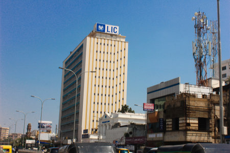 The building of Life Insurance Corporation (LIC) of India, Anna Salai, bright day light blue sky,CHENNAI, MADRAS,TAMIL NADU, INDIA,のeditorial素材