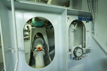 Cruise ship engine room interior with water tight doors electrical and diesel engines, water pipes,...