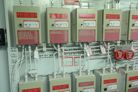 Cruise ship engine room interior with water tight doors electrical and diesel engines, water pipes,...