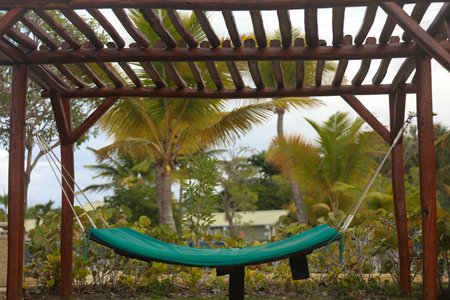 Hammock bed and wooden furniture in gardenの写真素材