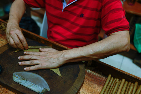 Process of making traditional cigars from tobacco leaves with hands using a mechanical device and...
