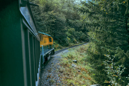 Alaska train White Pass and Yukon route railroad railway ride on old transport rails in Alaska, USA....