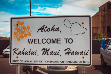 Kahului , Hawaii , welcome road sign , road table, in kahului,maui,hawaiiの写真素材