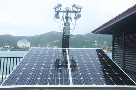 photovoltaic solar power panel on sky background, green clean Alternative power energy concept.