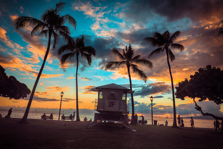 View of the Waikiki beach at sunset, Honolulu, Hawaii. Copy space for text