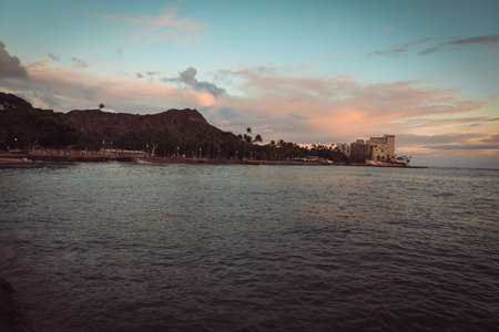 View of the Waikiki beach at sunset, Honolulu, Hawaii. Copy space for text