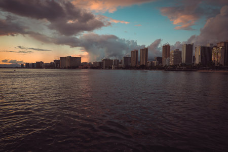 View of the Waikiki beach at sunset, Honolulu, Hawaii. Copy space for textの写真素材