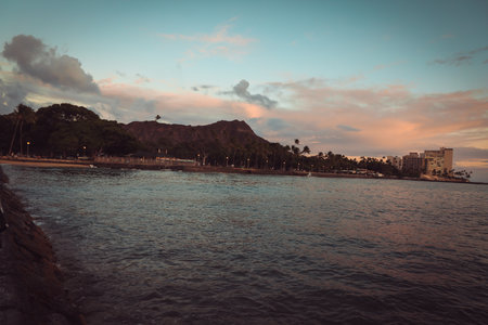View of the Waikiki beach at sunset, Honolulu, Hawaii. Copy space for textの写真素材