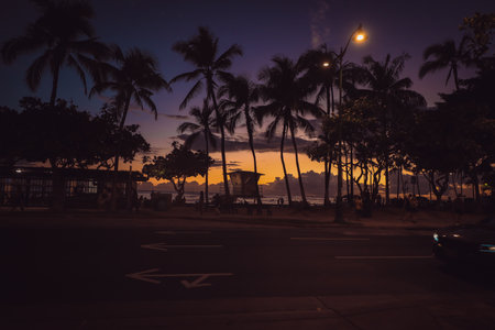 View of the Waikiki beach at sunset, Honolulu, Hawaii. Copy space for text
