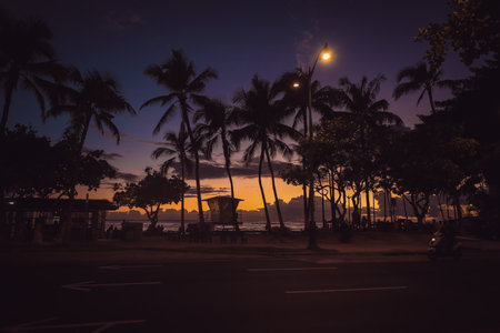 View of Honolulu and Waikiki Beach at night; Hawaii, USAの写真素材