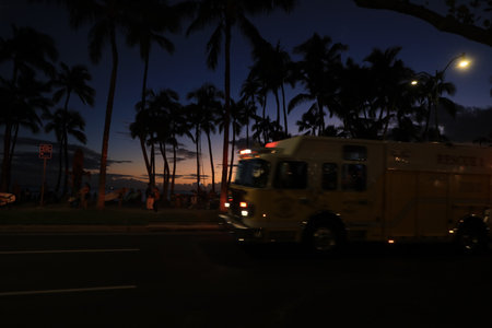 View of Honolulu and Waikiki Beach at night; Hawaii, USA