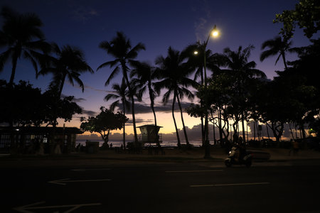View of the Waikiki beach at sunset, Honolulu, Hawaii. Copy space for textの写真素材
