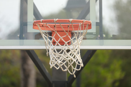 view of board with basketball hoop and net. Evening sky at sunset background.