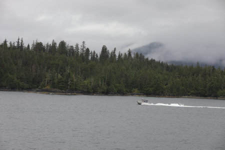 Cruise ship at a port in Juneau, Alaska with snow capped mountain and low lying fog in the...