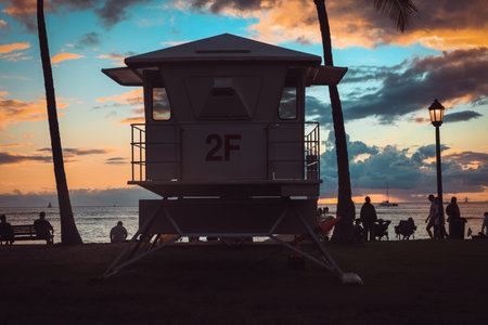 View of the Waikiki beach at sunset, Honolulu, Hawaii. Copy space for textの写真素材