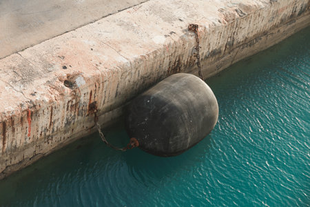 Marine fenders are a type of marine equipment that are used to prevent boats, ships and other vessels from colliding against each other or against docks, wharves and piers.の写真素材