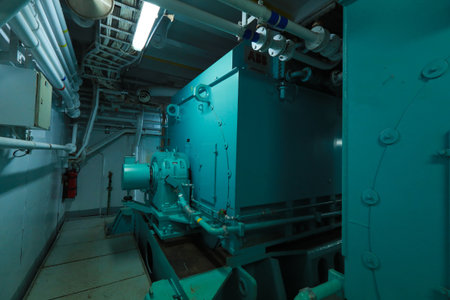 Cruise ship engine room interior with water tight doors electrical and diesel engines, water pipes,...