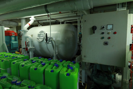 Cruise ship engine room interior with water tight doors electrical and diesel engines, water pipes,...