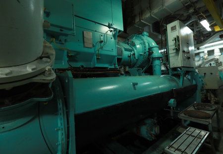 Cruise ship engine room interior with water tight doors electrical and diesel engines, water pipes, measuring instruments, diesel enginesの写真素材