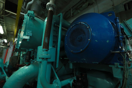 Cruise ship engine room interior with water tight doors electrical and diesel engines, water pipes,...