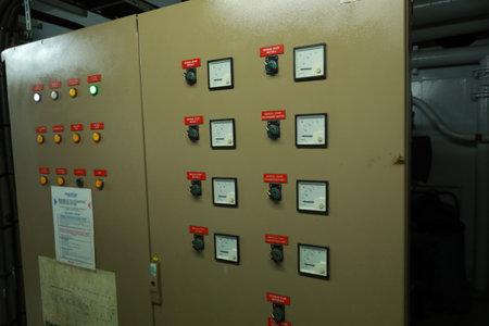 ship engine room dashboard with plenty of bottoms, indicators, small indication lamps and schematics...