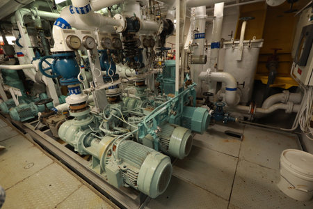 Cruise ship engine room interior with water tight doors electrical and diesel engines, water pipes,...