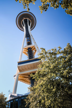 Seattle, Washington, USA - AUGUST 11, 2025: Close View of Space Needle Observation Tower in Seattle...