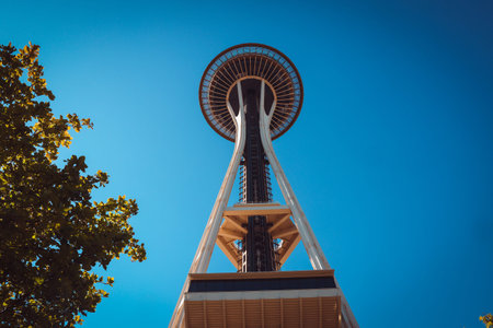 Seattle, Washington, USA - AUGUST 11, 2025: Close View of Space Needle Observation Tower in Seattle...