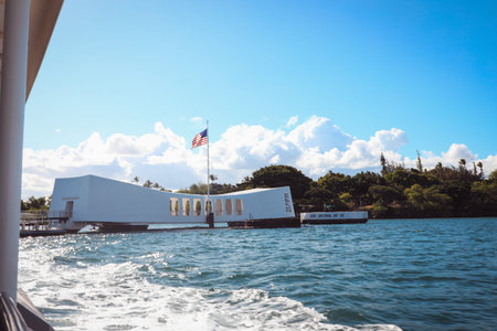 Oahu, Hawaii, USA. - September 22, 2024:U.S.S. Arizona Memorial Pearl Harbor commemorates sailors & marines lost during japanese attack 1941 Memorial spans sunkenのeditorial素材