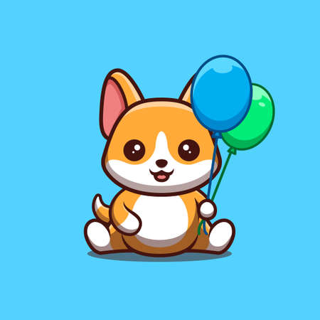 Corgi Sitting Hold Balloon Cute Creative Kawaii Cartoon Mascot Logoのイラスト素材