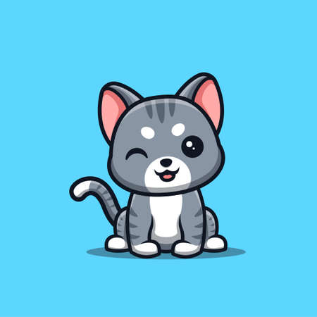 Domestic Cat Sitting Winking Cute Creative Kawaii Cartoon Mascot Logoのイラスト素材