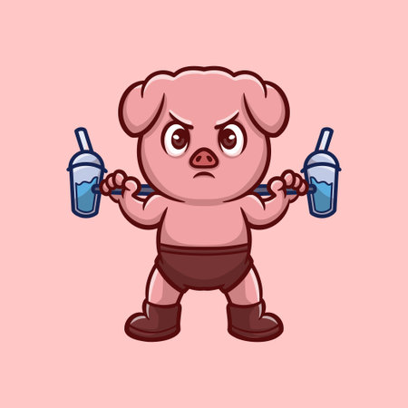 Pig Lifting Drink Creative Cartoon Illustrationのイラスト素材