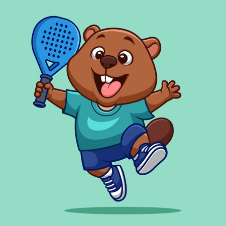 Funny beaver playing padel in cartoon style. Great for sports branding, character design, and playful illustrations.のイラスト素材