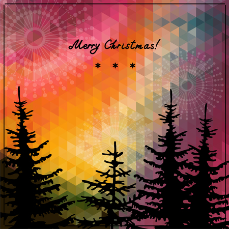Christmas tree silhouette on triangle background. Christmas and New Year background, xmas retro gift template.  のイラスト素材