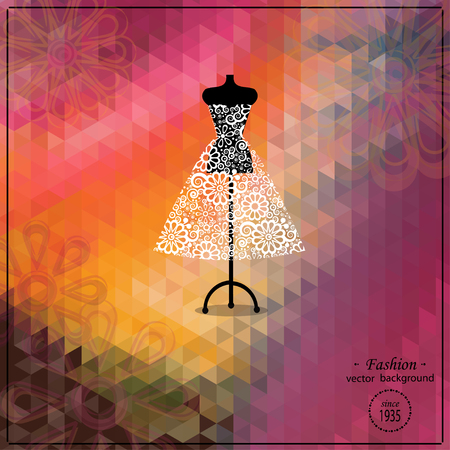 Beautiful evening or cocktail dress on mannequin. Retro fashion background. Bridal shower. Wedding invitation template.のイラスト素材
