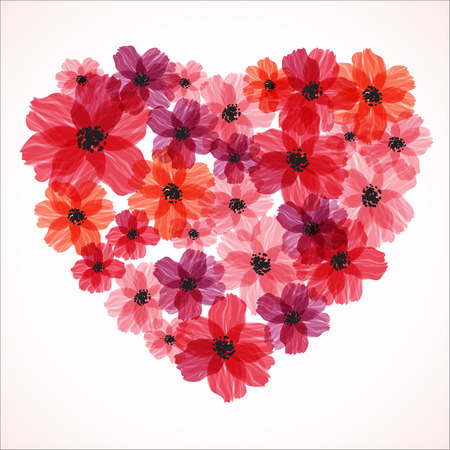 Red heart made of flowers. Elegant Valentine`s day background. Card template. Vector illustrationのイラスト素材