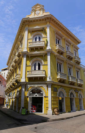 Facades of a historic buildings in the colonial center of Cartagena, Colombia - June 2015のeditorial素材