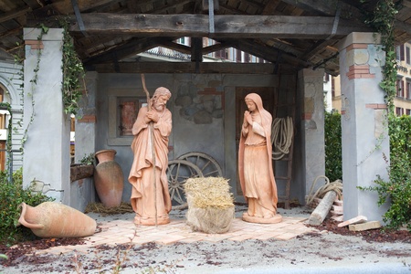 The outdoor Nativity scene the days before Christmas at the Duomo square, Florence, Italyの写真素材