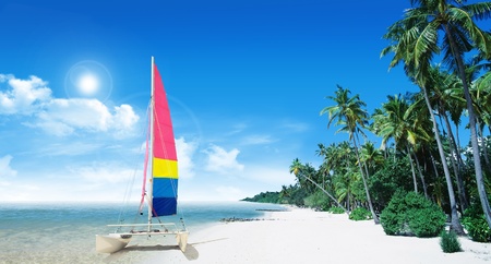 Tropical beach: ocean sea and tropical beach with palm and boatの写真素材
