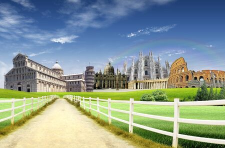 Italian Landmarks with country road and blue sky and clouds with rainbow in the backgroundの写真素材