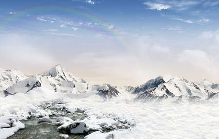 Mountain landscape  snowfield with stream and mountain glaciers in the background with rainbow in...