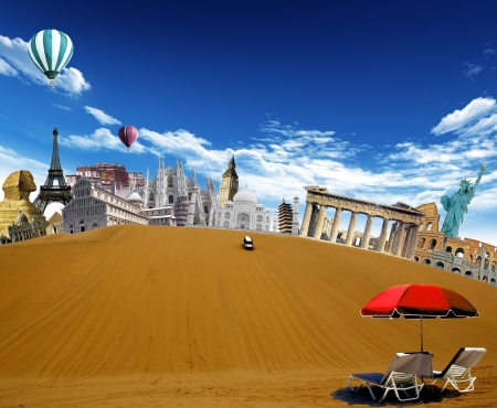 World landmarks in the desert with car driving down from the top of the dune and hot air balloons flying in the sky World landmarks in the desert with car driving down from the top of the dune and hot air balloons flying in the sky