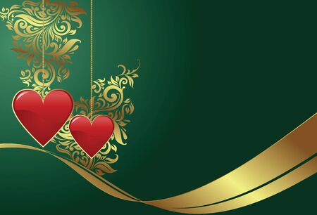 Valentine day two red hearts with green and gold background のイラスト素材