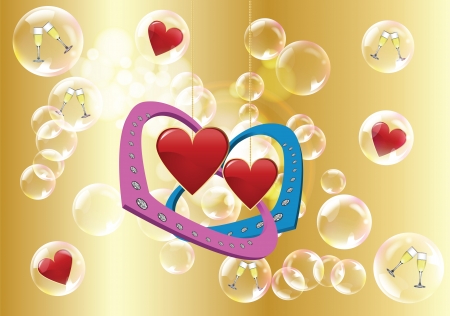 Valentine day: two hearts and golden background with bubbles and spotlightsのイラスト素材