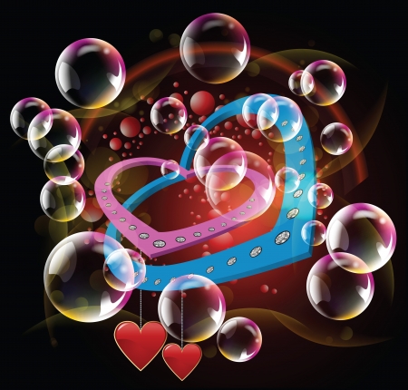 Valentine day with hearts and spotlights and bubbles in the dark backgroundのイラスト素材