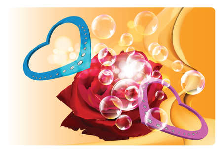 Valentine day two hearts and red rose with bubble and spotlights in dark backgroundのイラスト素材