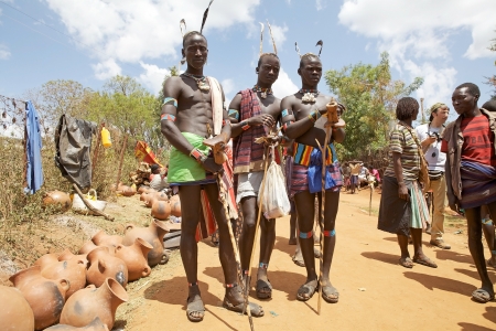 Key Afar, Ethiopia, Febrauary 14, 2013: african men of the Banna ethnic group, is wearing...
