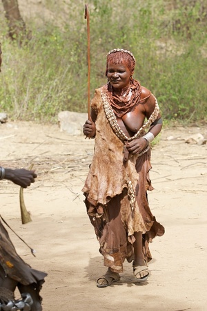 Turmi, Ethiopia, February 16, 2013: old african woman of the Hamer ethnic group, with tribal...