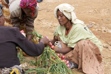 Dorze village, Ethiopia, February 21, 2013: african women of the Dorze ethnic group are selling onions at the Dorze village market.のeditorial素材